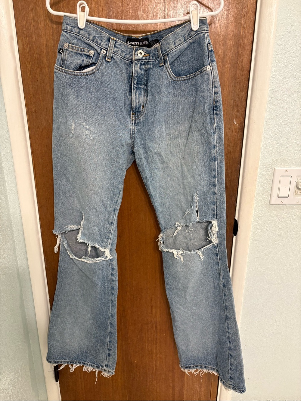 Express Light Blue Distressed Flare Jeans